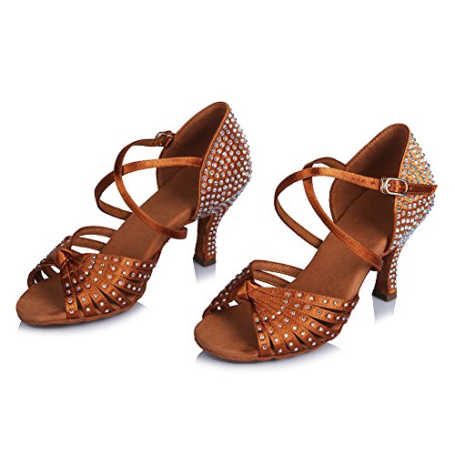 HROYL Women Latin Dance Shoes with Knot Rhinestones Salsa Bachata Cha Cha Ballroom Performence Dancing Shoes AF4593