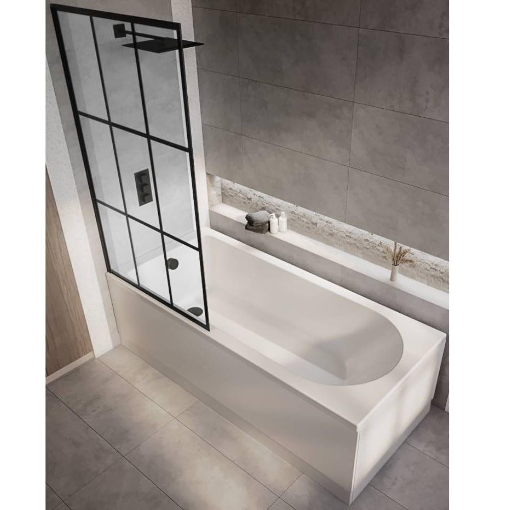 Milano Ballam White 1700mm x 700mm Single Ended Round Shower Bath Black Grid Screen Panels