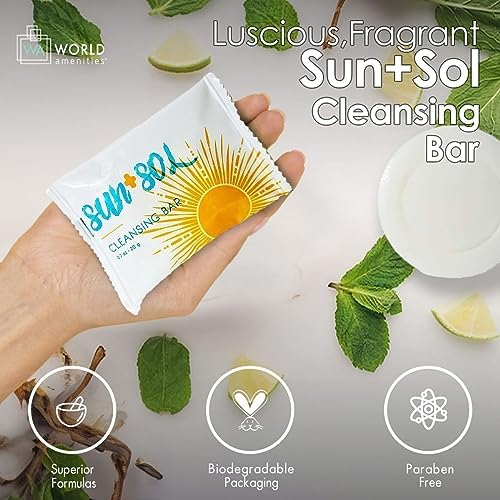 World Amenities - Sun + Sol Bulk Luxurious Cleansing Bar With Warm Coconut & Vanilla Fragrances, Pleat Wrapped Travel Size Toiletries, Mini Hotel Amenities