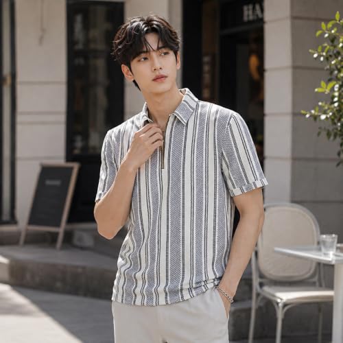 Image of London Hills Men's Loose Fit Half Sleeve Vertical Striped Polo T-Shirt with Zip Collar | Premium Polyester Fabric | T Shirt for Man | Tshirt | Shirts Men | Tshirt for Man | Men T-Shirts