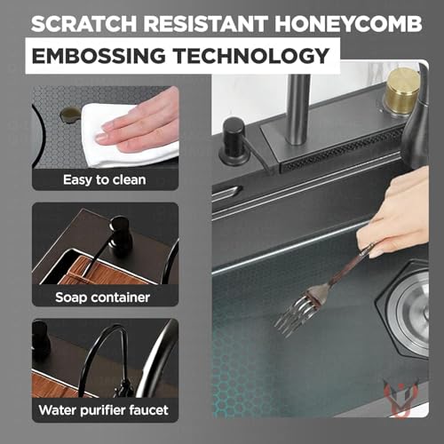 Image of Kitchen Sink 304 Grade Anti Scratch Design With Integrated Waterfall And Pull-down Faucet Set and All Accessories All In One Stainless Steel Sink For Kitchen (All In One (30X18X9))