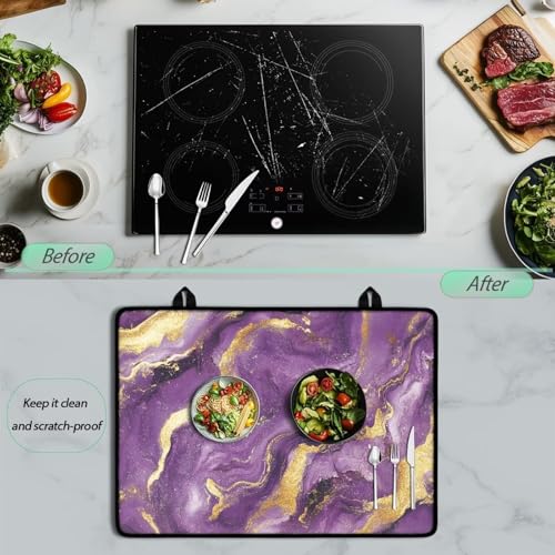 Image of Poceacles Stove Top Cover for Glass Stove Top, Ceramic Glass Stove Cover Mat Oil Resistant Prevent Scratching Oven Mat Protector Expands Usable Space, Marble Violet Gold