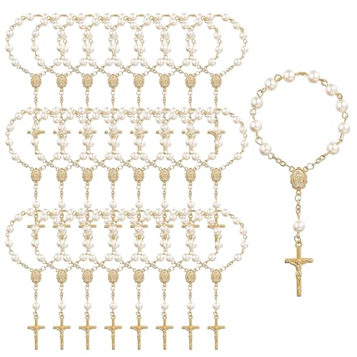 30Pcs Mini Rosary Baptism Favors Gold Plated Acrylic Finger Rosary Beads