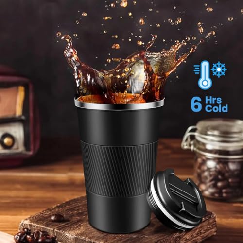 Image of Giftana Coffee Tumbler Mug 510ml with Leakproof Lid, Reusable Travel Coffee Mug with Non-Slip Protective Cover, Coffee Cup for Office and Travel, Birthday Gifts for Men, Valentine's Day Gifts (Black)