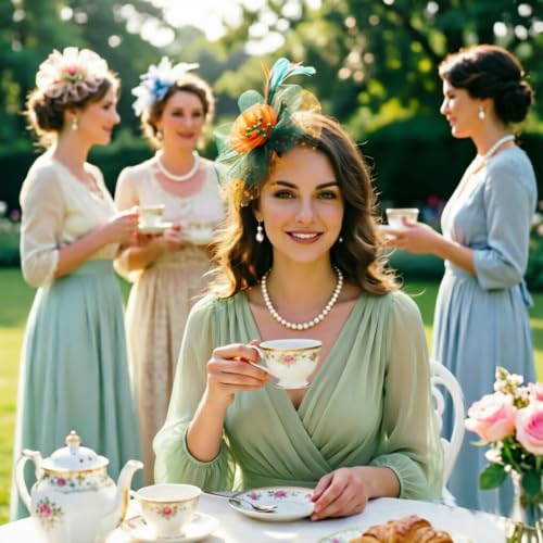 Image of DRESHOW Fascinators Hat Flower Mesh Ribbons Feathers on a Headband and a Clip Tea Party Headwear for Girls and Women