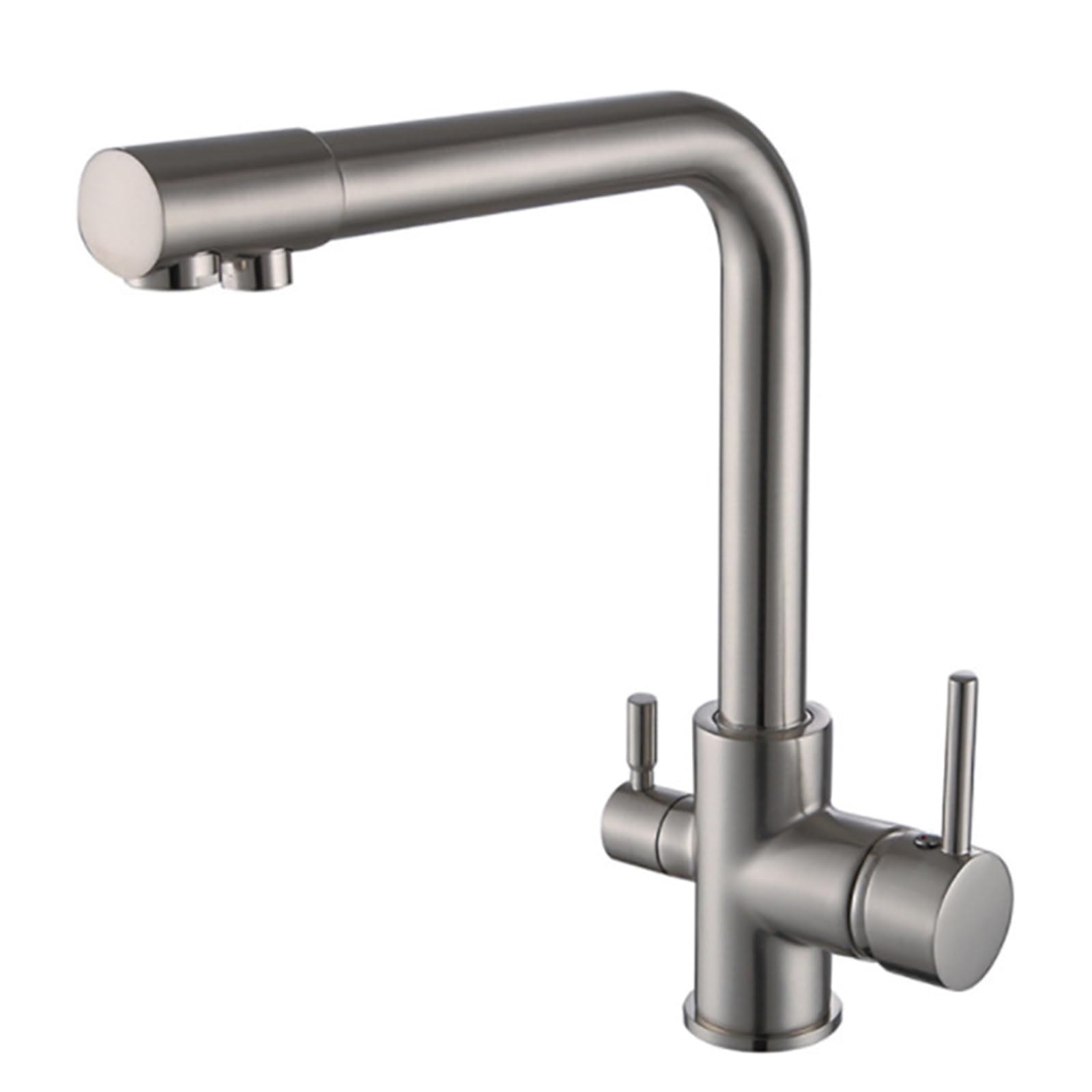Grifo de cocina de 3 vías de latón cepillado con doble maneta y salida de agua potable