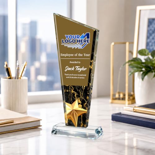 Image of Custom Crystal Trophy Award Personalized Plaque Award with Text Logo Photo Awards Trophies for Employee Recognition Team Graduation Personalized Office Gifts for Boss Coworker Teacher