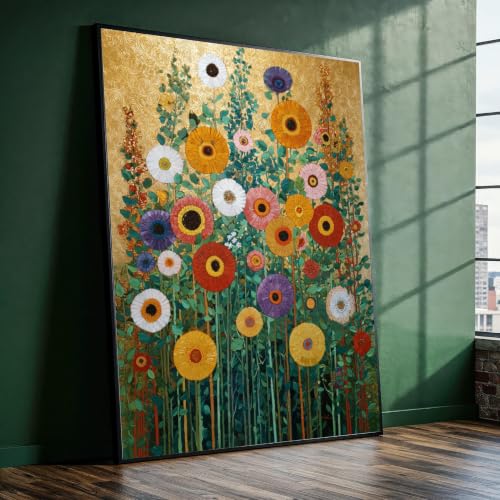 Toile Jardin Floral Doré 40x60cm - Tableau champ de fleurs vintage décoration murale
