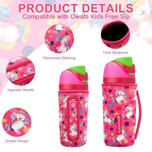 Image of Water Bottle Sleeve with Handle for Owala Kids FreeSip 16 oz, Water Bottle Scratch Resistant Sleeve, Neoprene Cover Compatible with Owala 16 oz for Boys Girls to School Travel (Pink Unicorn)