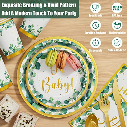 Sage Greenery Baby Shower Party Supplies - 175 Pcs Boho Neutral Disposable Dinnerware Set (25 Guest) With Oh Baby Paper Plates Napkins Cups Plastic Fork Knives Spoon For Boy Girl Birthday Party Shower #TOP2