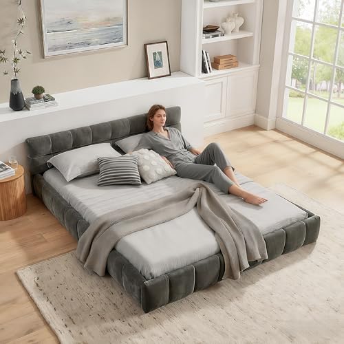 Yihomfy Doppelbett 140x200 cm, Bett mit seidig weichem Chenille - Bezug, quadratischem Steppdesign, aus ökologischem Eukalyptusholz und stabilem...