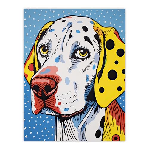 Artery8 Dalmatian Dog Pop Art Painting Yellow Orange Blue Roy Lichtenstein Style Vibrant Pet Portrait Unframed Wall Art Print Poster Home Decor Premium