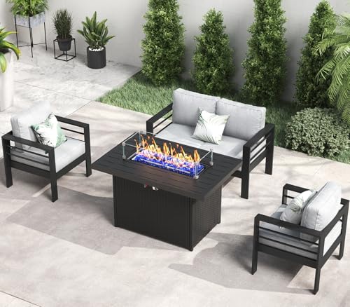 LayinSun Aluminum Furniture Set with Fire Pit Table, 4 Pieces Patio Sectional Conversation Chat Sofa Modern Seating Set