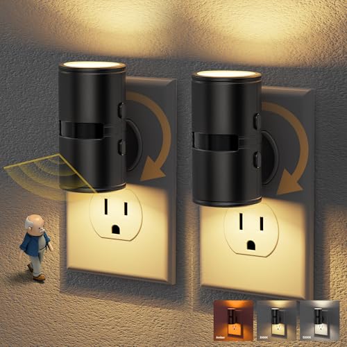 Image of JandCase Motion Night Light, Rotating Night Lights Plug into Wall, 3 Colors | 3000K-5000K-Amber, Dusk to Dawn & Motion Sensor, 3 Level Brightness Nightlight for Bathroom Bedroom Hallway [2 Pack]
