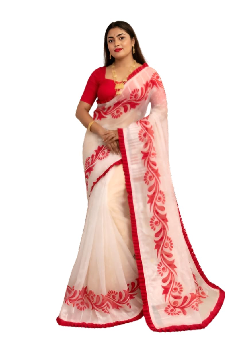 balika textile Korat Kolka Print Dhakai Jamdani Saree with Red Ruffle Border | Cotton Silk Saree for Women | 5.5 Meter | No Blouse-picture-49