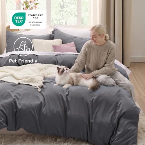 Image of Bedsure Dark Grey Duvet Cover Queen Size - 3 Pieces Prewashed Cotton-Like Polyester Soft Bedding Set, Includes 1 Duvet Cover 90x90 Inches with Zipper Closure & 2 Pillow Shams, Comforter Not Included