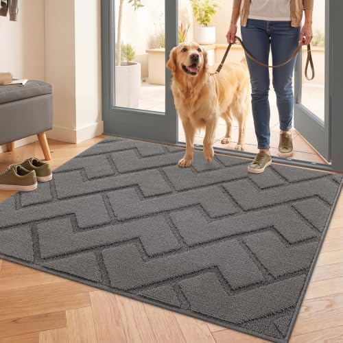 Image of hicorfe Front Door Mat Outside Entrance,32 inchx40 inch Absorbent Muddy Dirt Resist Welcome Door Mats Outdoor Indoor,Stain and Fade Resistant,Non Slip Backing Entry Mat Doormat for Entryway(Grey)