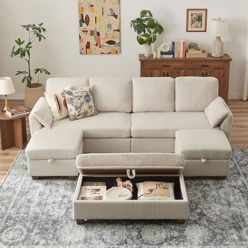 Image of Convertible Sectional Sofa with Storage Ottomans & Coffee Table, Modern Corduroy, U-Shaped Couch with Double Chaise & Storage Long Bench, 4 Seater Sofa Set Couches for Living Room, Beige
