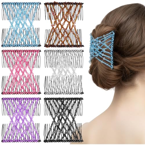 6Pcs Magic Hair Comb Stretchy Hair Clip Adjustable Beaded Hairpins Elastic No Crease Double Pins Vintage Bun Maker Accessories for Women Ladies Curly Thick Wavy Ponytail Christmas