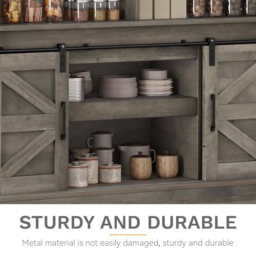 DWVO Farmhouse Buffet Cabinets, 47" Coffee Bar with Goblet Holder & Power Outlet, Sliding Barn Door Sideboard Cabinet for Kitchen & Living Room Storage (Rustic Grey Oak)