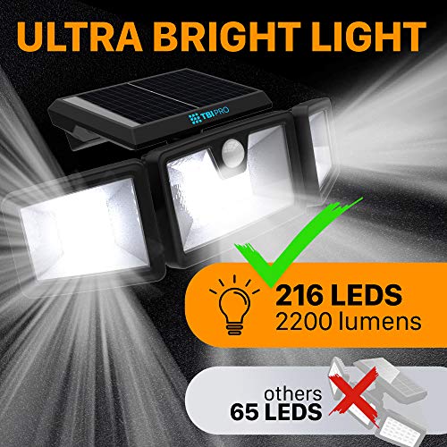TBI Security Solar Lights Outdoor 216 LED 2200LM, 6500K - Extra-Wide Adjustable 360° 3 Heads with 3 Modes,Wireless Motion Sensor 40ft - Waterproof IP65 Spot Flood Lights Solar Powered 2200mah(2 Pack) - Thumbnail 5