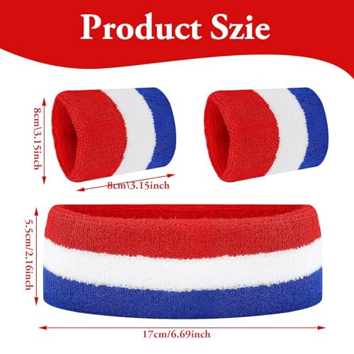 Sweatbands Headband Wristband Set,Sports Athletic Cotton Sweat Band for Sports for Tennis Working Out Boxing Gym Exercise for Athletic Men and Women (Red, White, Blue) - Image 7
