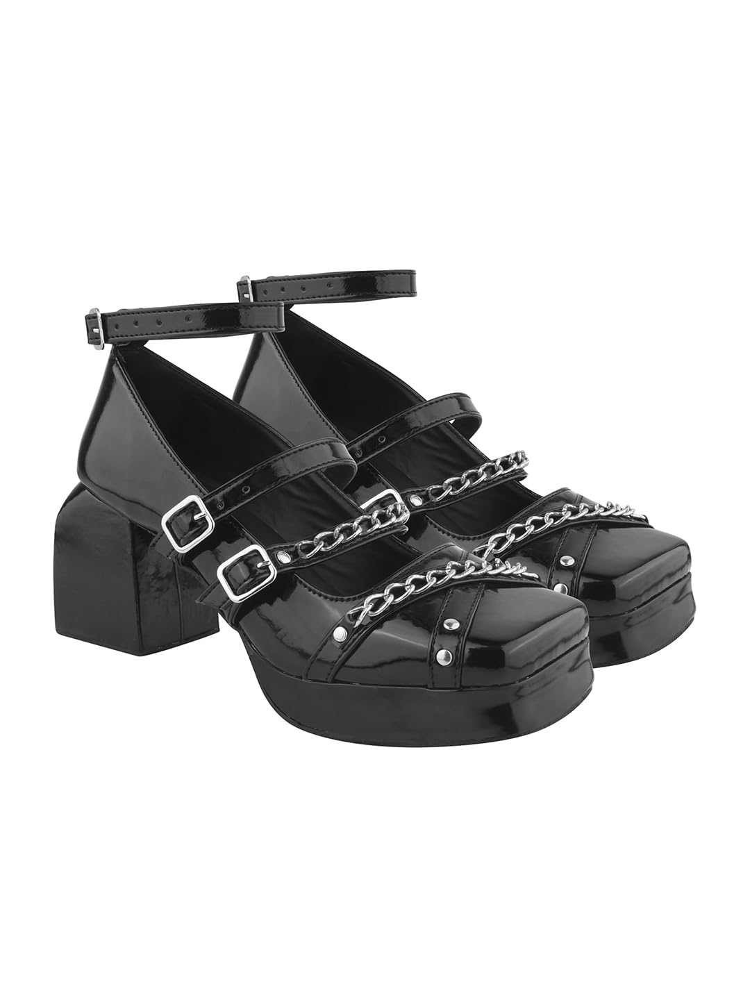 Women's Ankle Buckle Strap Mary Jane with Chain Chunky Block Heel Sandals-image-46