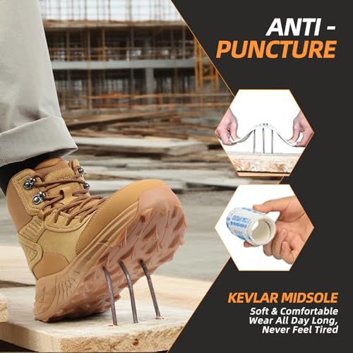 Steel Toe Boots for Men - Non Slip, Puncture Proof Safety Work Shoes with Cushioned Insoles- All-Day Comfort Perfect for Construction, Outdoor, Hiking, Yellow/Grey4