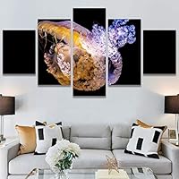 SIGNWIN 5 Panel Canvas Wall Art Modern Art Dramatic Fish Jellyfish Marine Life Multicolor Nautical Photography for Home Decorations Ready to Hang - 60