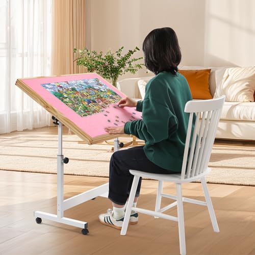 Mesa plegable de madera para adultos y niños, mesa inclinable de almacenamiento de rompecabezas con ruedas y cubierta, tablero portátil para juegos, regalo para aficionados (rosa, 1500 piezas)