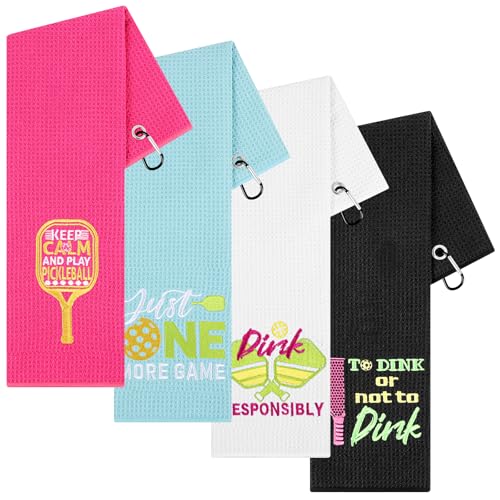 4 Pcs Funny Pickleball Towel Athletic Towels with Grommet Absorbent Embroidered Pickleball Gifts for Men Women Dinkball Towels Tennis Towel,24 x 16 Inch