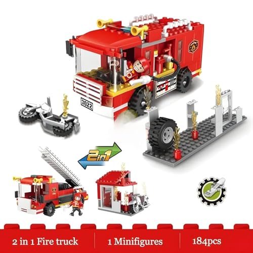 Image of City Fire Ladder Truck Building Blocks Set - 2-in-1 Fire Engine & Rescue Vehicle Toy | Firefighter Construction Kit for Kids Ages 4-12 | STEM Creative Playset | Compatible with Brick Brands