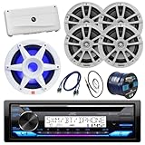 BOAT SOUND SYSTEM PACKAGE: JVC Single DIN Marine Bluetooth CD Receiver Bundle Combo with 5-Channel Amplifier, 4x 6.5' 225 Watt Max White Speakers, 10' LED Subwoofer, RCA Cable, Wire, Antenna