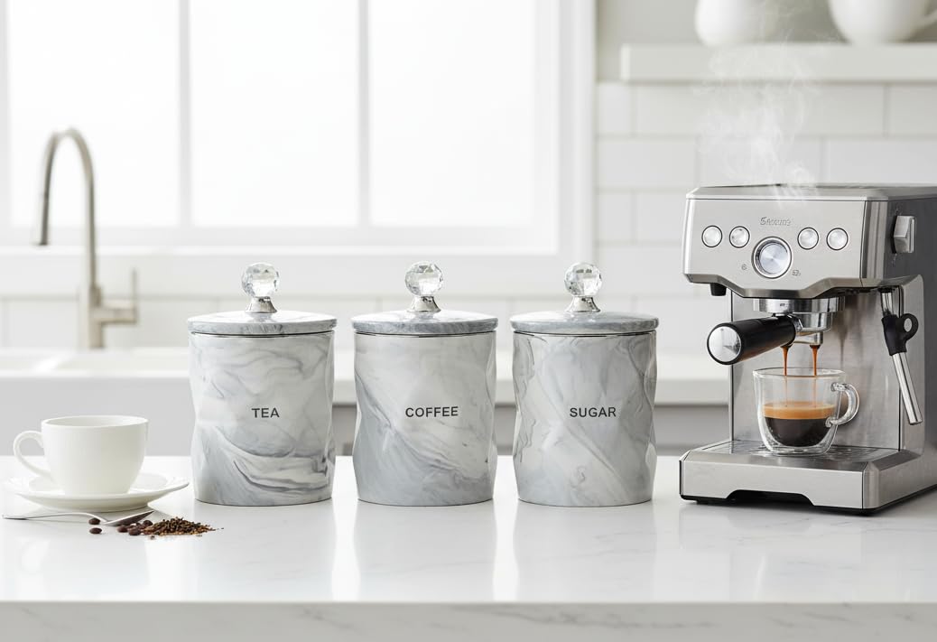 Biznest Set of 3 Marble Grey Style Crystal Containers For Coffee Tea Sugar Kitchen Storage Tins, Canisters Grey