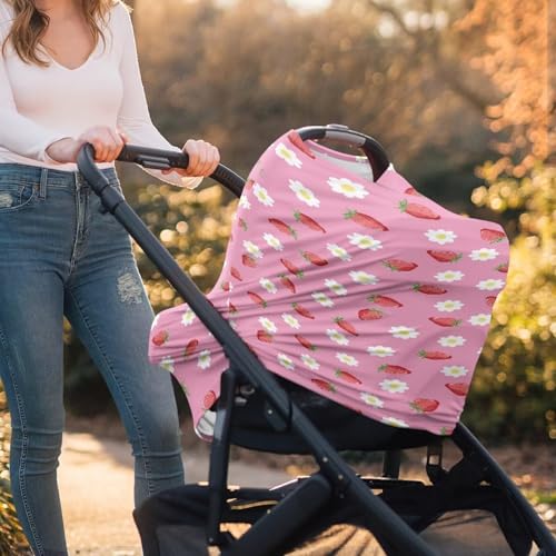 Image of Carseat Cover for Babies, All Weather Breathable Infant Carseat Cover Lightweight Baby Carrier Cover for Girls Boys, Strawberry Daisy