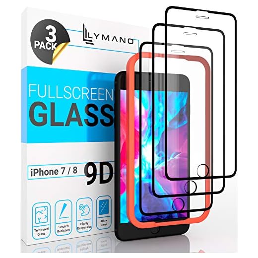 [3 Stück] LYMANO Panzer-Folie Glas Full Screen für iPhone 7 iPhone 8 Display-Schutzfolie Schutzglas Glass Protector [Anti Kratzer] [Blasenfrei] [Komplett Abdeckung] (4,7 Zoll) Schwarz (Black)