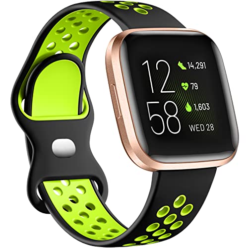 Dirrelo Correa Compatible con Fitbit Versa 2 Correa Fitbit Versa Correa Fitbit Versa Lite Correa, Doble Color Deportivo Ajustable Respirable Reemplazo Pulsera para Mujeres Hombres, Negro Verde S