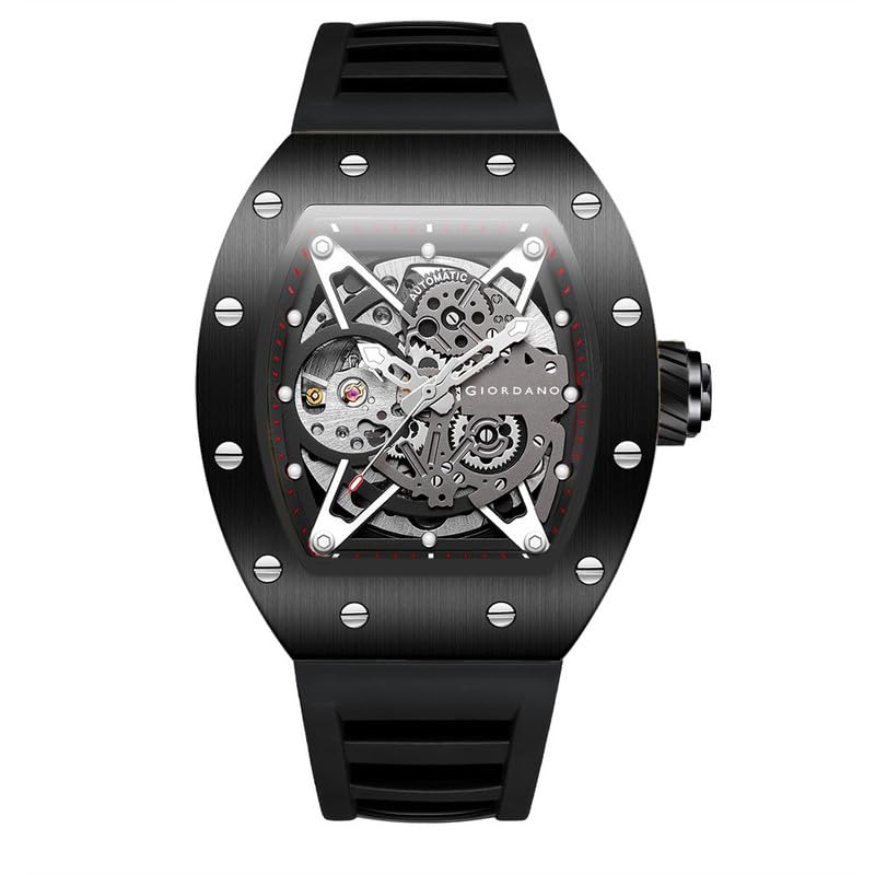 Image of Giordano Automatic Wrist Watch for Men - Open Skeleton Dial | Brushed Steel Case Mechanical Movement with Silicone Strap