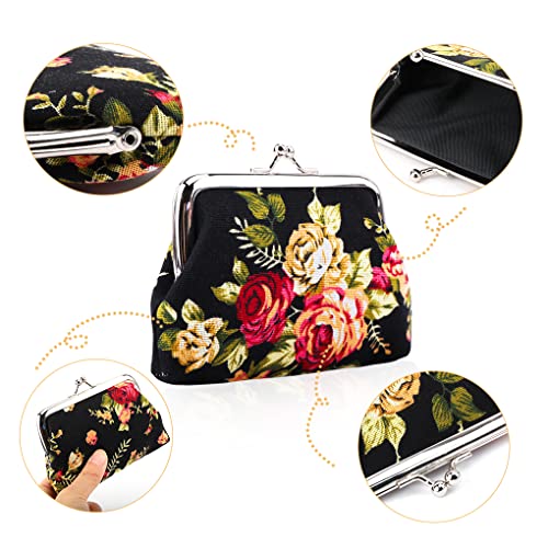 Image of Oyachic 4 Packs Coin Pouch Canvas Card Purse Clasp Closure Rose Pattern Wallet Christmas Birthday Gift 4.7 inchL X 3.5 inch H inch (4 pack Rose)