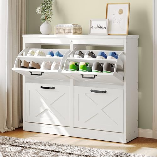 YITAHOME Shoe Cabinet with 4 Flip Drawers, Freestanding Shoe Rack, Shoe Organizer, Narrow Shoe Cabinet for EntryWay Hallway Living Room, White