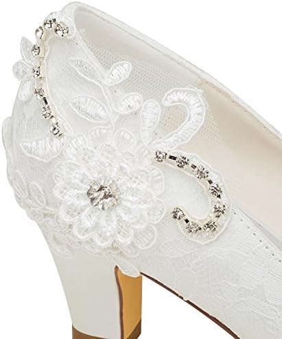 Emily Bridal 1505-1C Women's Wedding Shoes Closed Toe 2.56 Inches Chunky Heel Lace Satin Pumps with Rhinestone Lace Flower Bridal Shoes (EU38/7.5 B(M) US, Ivory) | Image 6