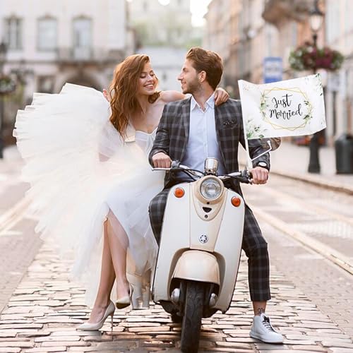 BOFUNX 2 Stücke Just Married Autofahne Hochzeit Autoflagge Hochzeitsfahne Autoschmuck Hochzeitsdeko 47×30cm