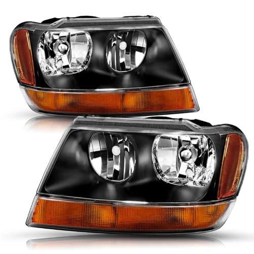 SOCKIR Headlight Assembly Compatible with 1999-2004 Jeep Grand Cherokee Halogen Headlamp (Black Housing Amber Bottom W/O Bulbs)