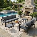 ADRERIC Patio Furniture Set 7 Seats and Coffee Table, 5 Pieces Patio Conversation Set with Thick Cushion, Ottomans, Deluxe Aluminum Modern Outside Sectional for Porch, Balcony, Deck, Yard, Light Gray