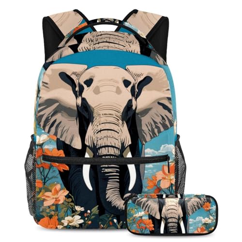 Sac à dos éléphant et fleur 2 pièces avec trousse pour ados et enfants