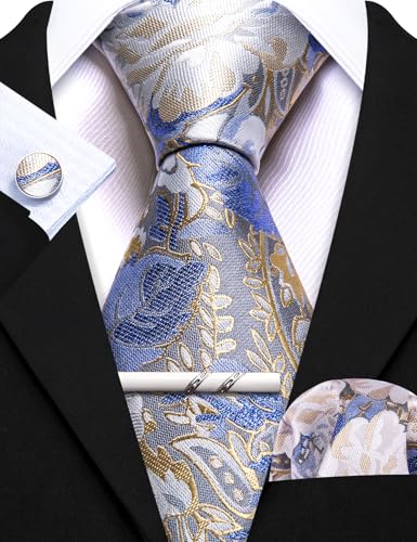 Image of Barry.Wang 6 PCS Men Ties Set Silk Business Fashion Woven Necktie Handkerchief Cufflinks Paisley Stripe Wedding Party