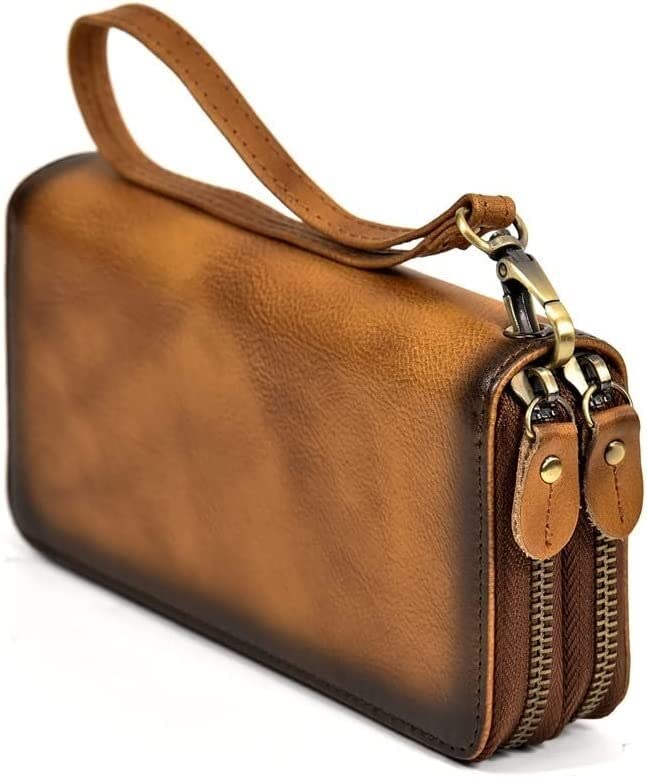 Clutch Purse Double Zipper Card Holders Wallets Vintage Genuine Leather Long Wallet Leather Purse for Men