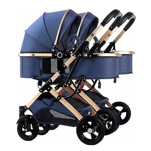 Twin Umbrella Pram Stroller,Foldable Tandem Double Umbrella Stroller for Infant and Toddler,Detachable 2 Single Strollers Double Pushchair with Reversible Bassinet (Color : Blue)