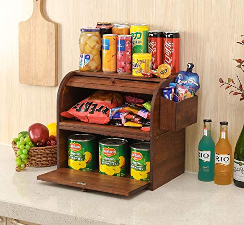 Tqvai Bamboo Bread Box For Kitchen Counter Dobule Layer Roll Top Bread Storage Container With Silverware Basket - Can Use As 2 Individual Bread Bin - Assembly Required, Retro Brown #TOP5