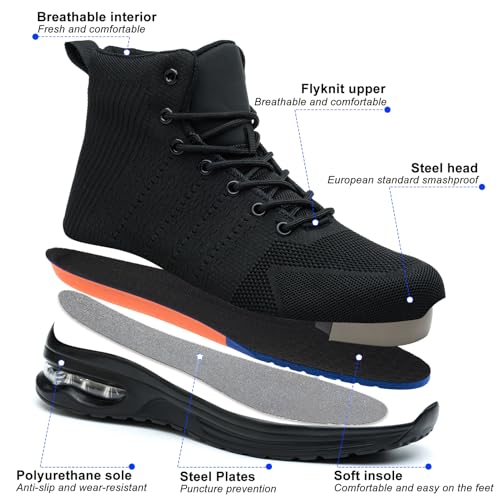 Steel Toe Work Boots for Men or Women, High Top Slip Resistant Safety Shoes Puncture Proof Comfortable Air Cushion Tennis Boots for Industry Construction Warehouse2